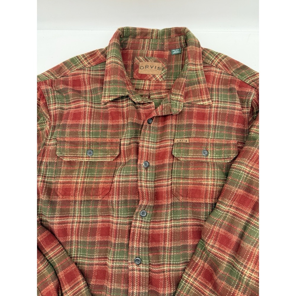 Orvis Large Flannel Button Down Red Green Plaid Workwear Shirt Cabin Classic - Picture 4 of 12